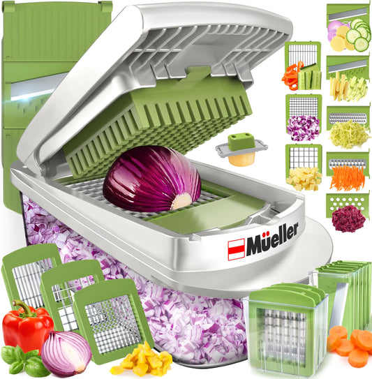 Mueller Pro-Series 10-in-1 8 Blade Vegetable Chopper Onion Mincer Cutter Dicer Egg Slicer with Container French Fry Cutter Potato Slicer Home Essentials Salad Chopper White Sand/Green