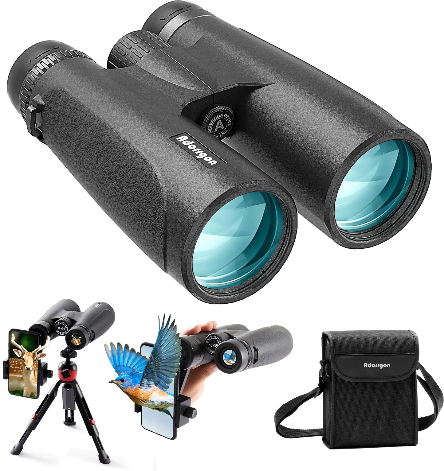 18x56 HD Binoculars for Adults High Powered with Phone Adapter and Tripod Super Powerful BAK4 Prism FMC Waterproof Binoculars with Clear Low Light Vision Binoculars for Hunting Bird Watching Travel