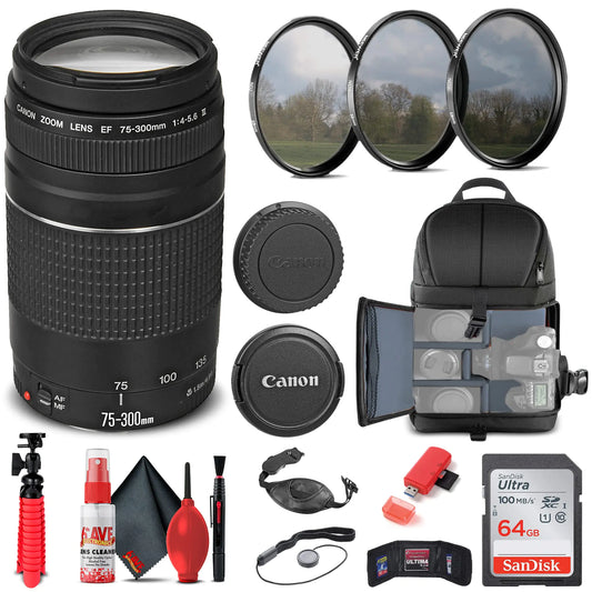 Canon EF 75-300mm f/4-5.6 III Lens (6473A003) + Filter Kit + Backpack + 64GB Card + Card Reader + Flex Tripod + Memory Wallet + Cap Keeper + Cleaning Kit + Hand Strap + More (Renewed)