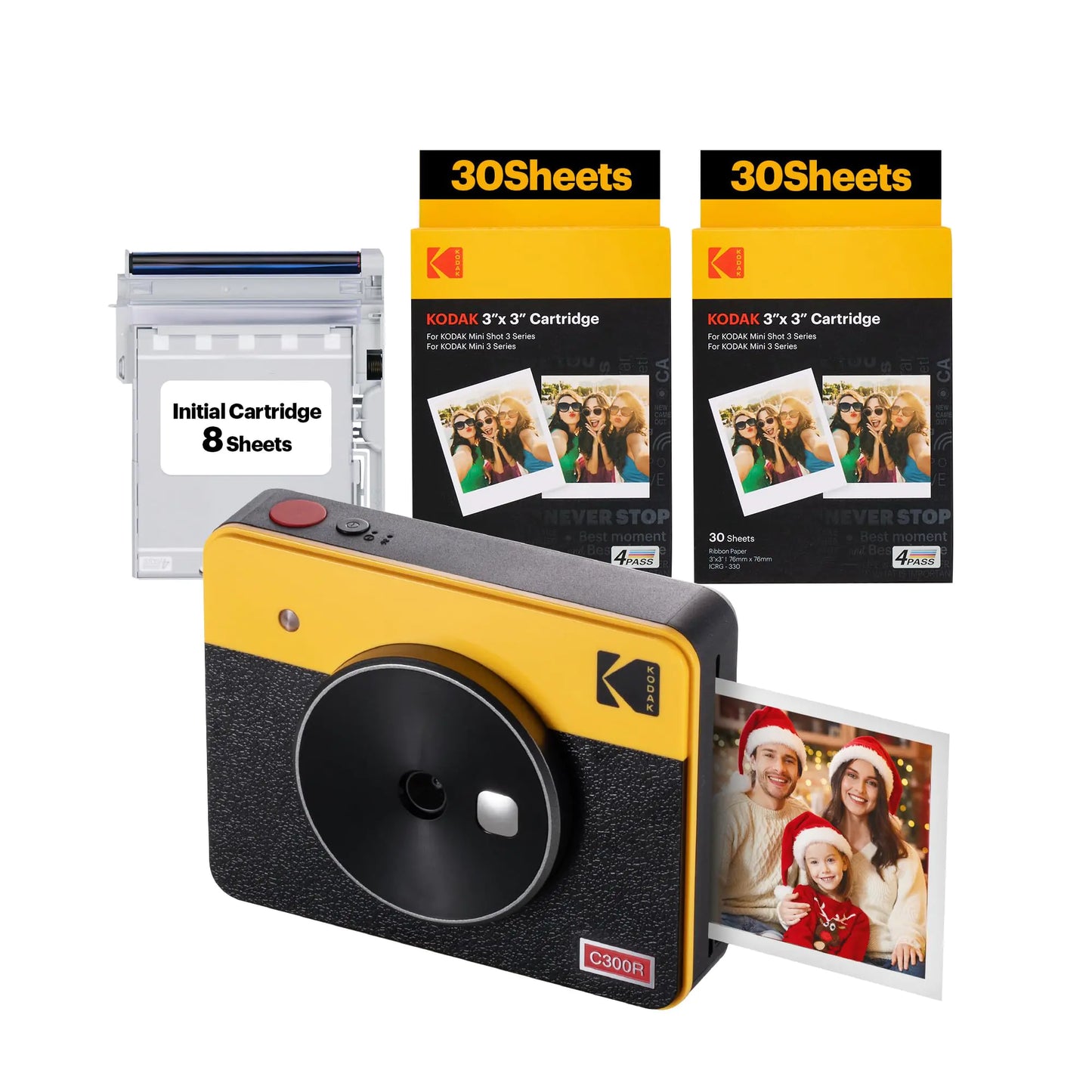 KODAK Mini Shot 3 Retro 4PASS 2-in-1 Instant Digital Camera and Photo Printer (3x3 inches) Initial 8 Sheets + 60 Sheets Cartridge Bundle Yellow (NOT Zink)