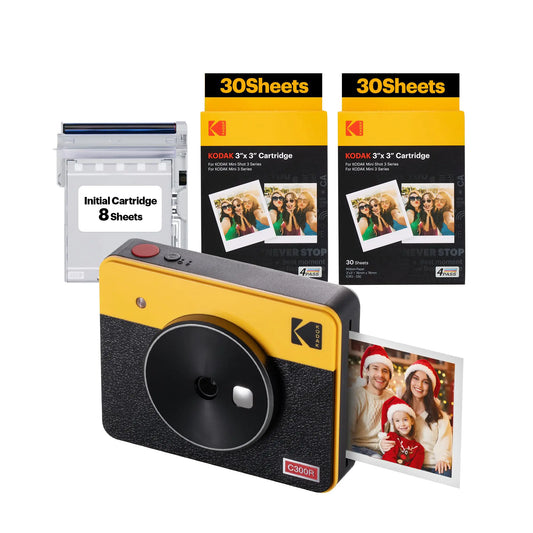 KODAK Mini Shot 3 Retro 4PASS 2-in-1 Instant Digital Camera and Photo Printer (3x3 inches) Initial 8 Sheets + 60 Sheets Cartridge Bundle Yellow (NOT Zink)
