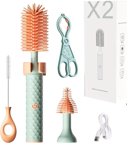 Electric Baby Bottle Brush Rechargeable Cleaning Brush with Waterproof and Wall-Mounted Design Silicone Bottle/Pacifier/Straw Brush 360° Rotating Cleaning for New Mom (Green)