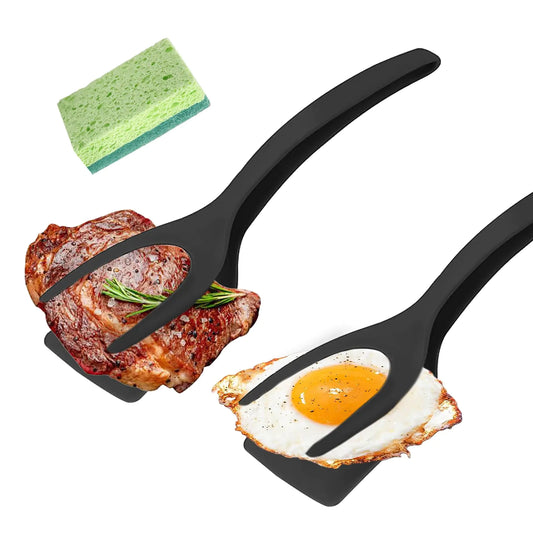 2 in 1 Grip and Flip Spatula Tongs Egg Flipper Spatula Fried Egg Grip Flip Tongs Double Sided Spatula Turner Multi-purpose Non-Stick Kitchen Shovel + Sponge for Bread Fish Pancake Toast (A 2PCS)